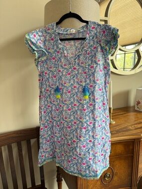 Vineyard Vines Blue Floral Tassel Shift Dress with Pink Accents